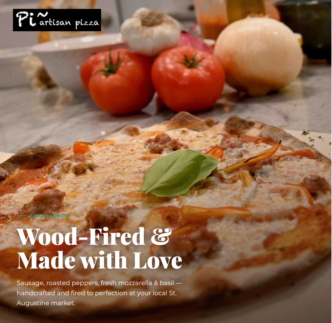 Pi~ Artisan Pizza social post: sausage, roasted peppers, fresh mozzarella and basil